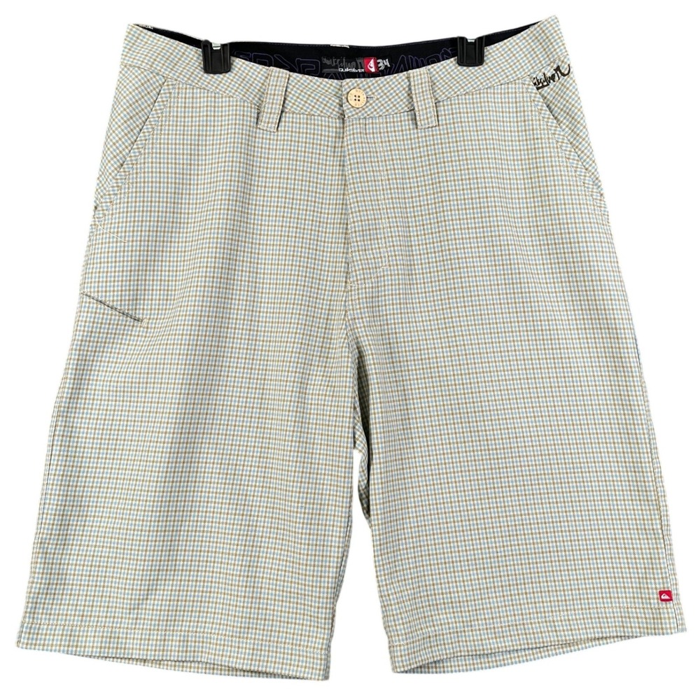Quiksilver Flat Front Shorts Mens 34 Blue Tan Check Plaid Casual Summer Surf